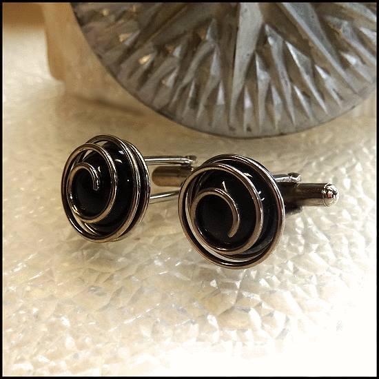 1950s Black Silver Spiral Atomic Age Orbs Vintage Cufflinks