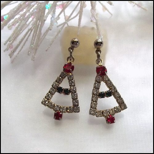 1960s Vintage Christmas Tree Petite Rhinestone Pierced Earrings