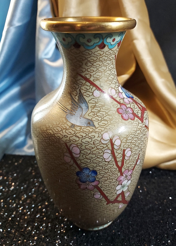 1960s Chinese Cloisonne Vase Cloud & Bird w Plum Blossoms