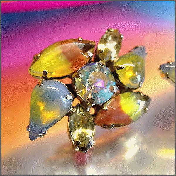 1950s Great Gripoix Opal Yellow Orange Glass Vintage Earrings Schriener