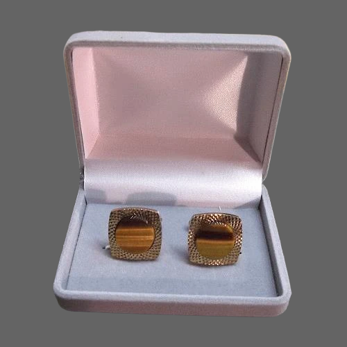 1960s Vintage Cufflinks Tigers Eye w Spyro Gyro Gold 