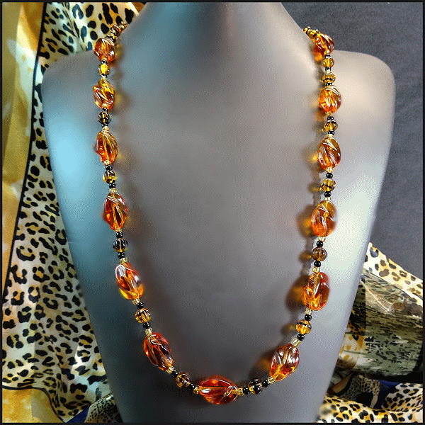 1940s Tortoise Amber Glass Twist Necklace Neu Gablonz Jewelry