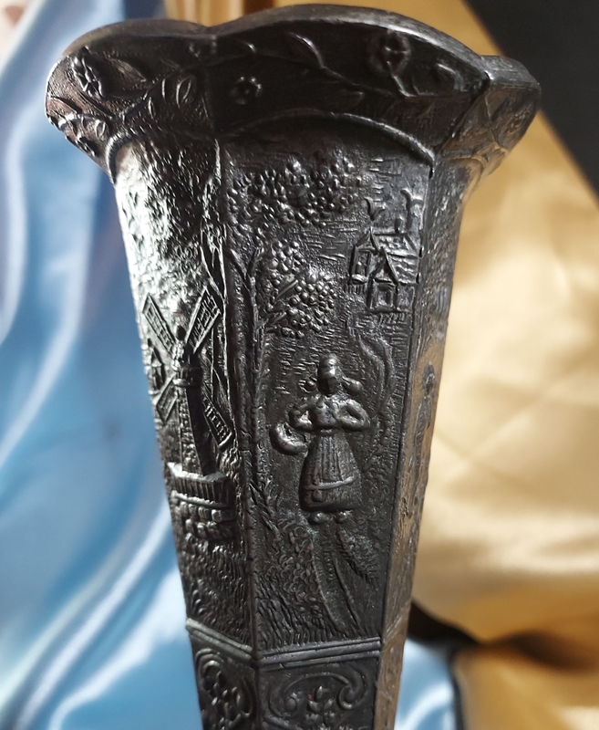 Antique Victorian Barbour Repousse Vase Heavy Metal Dutch Scenery