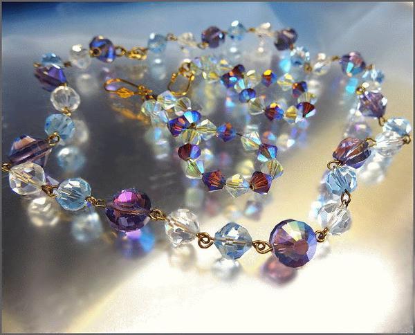 1950s Icy Blues Vintage Crystal Necklace Earrings Set