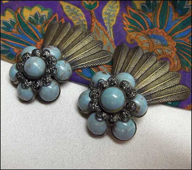 1930s Dress Clips Silver Brass Feather Turquoise Glass Pair