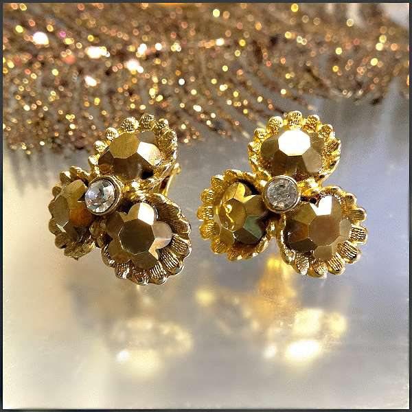 1950s Vintage Clip Earrings Gold Aurum Rhinestones 