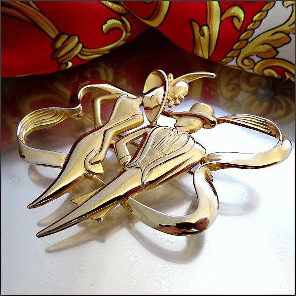 1970s Vintage Art Deco Lady n Man Big Gold Brooch Signed JONET 