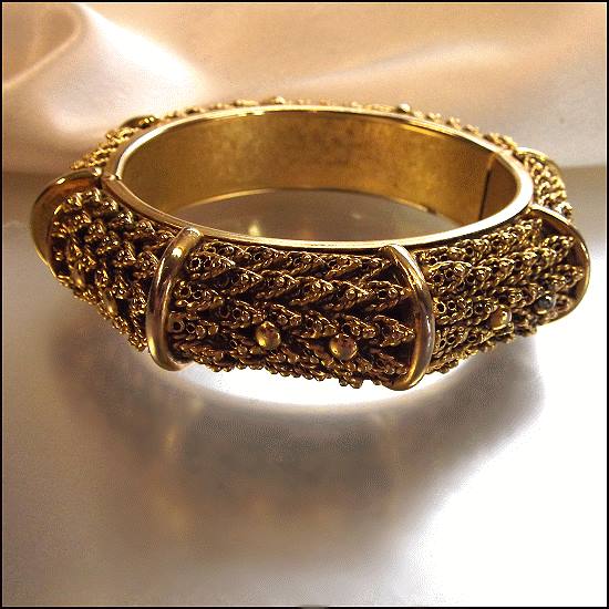 1950s Gold Filigree Leaf and Berry Vintage Bangle Bracelet