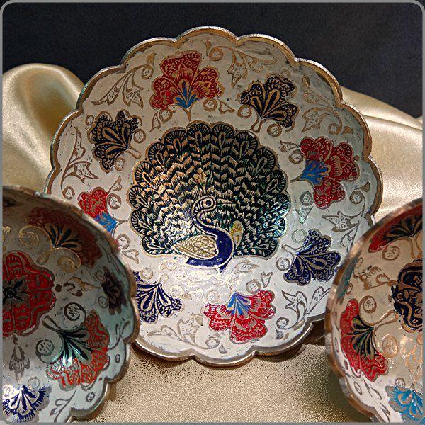 1960s Vintage Brass Peacock Bowls Hand Painted Set of 3