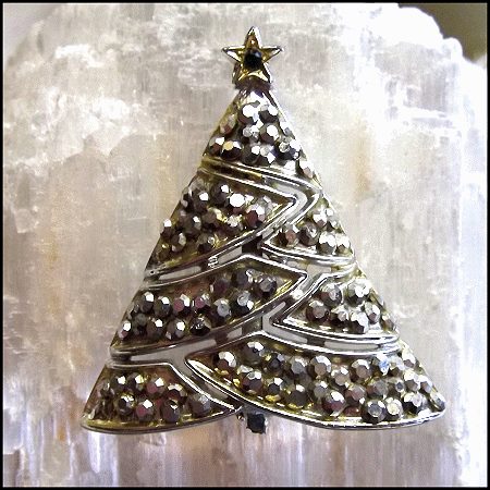 1960s Vintage Silver Rhinestone Christmas Tree Pin Signed JJ 