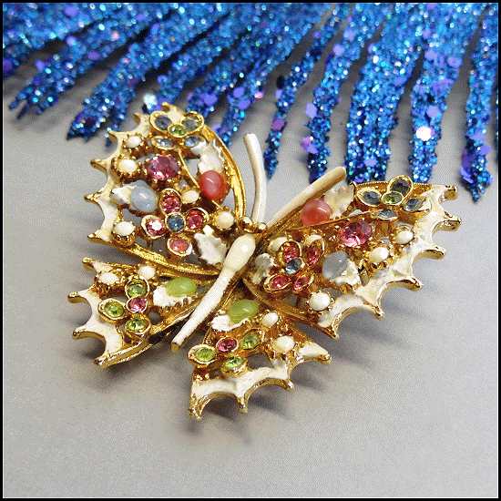 1960s Vintage Butterfly Brooch Pastel Moonstones Signed ART