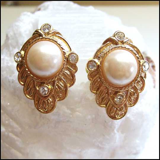 KJL for Avon Signed Gold Pearl Finial Vintage Clip Earrings