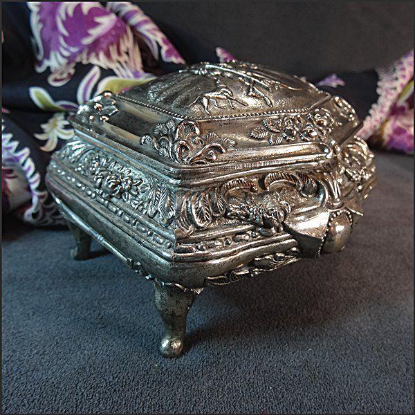 Vintage Silver Jewelry Box Hunting Scene w Baroque Decor
