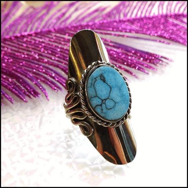 1970s Vintage Unique Sterling Turquoise Ring Long Design 