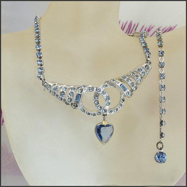 1950s Signed CORO Art Deco Silver Blue RS Vintage Collar Heart Necklace