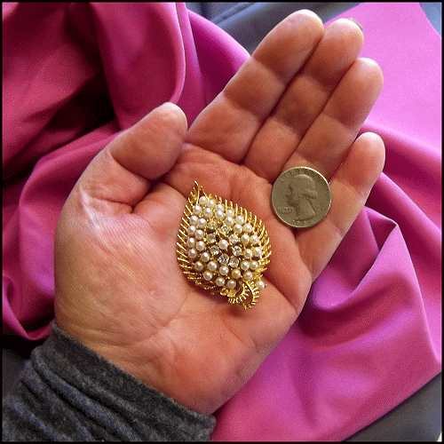 1960s Vintage Pearl Brooch Elegant Gold Heart Pin w Crystals