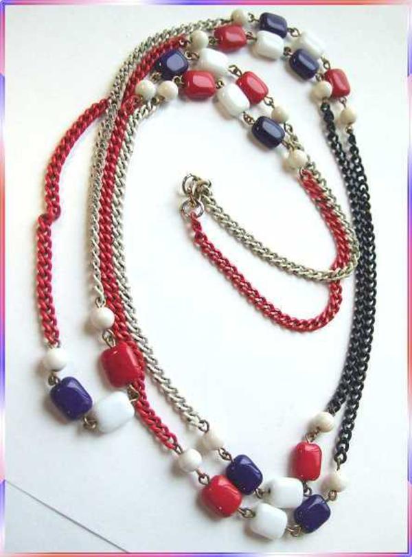 1960s Red White Blue Glass Long Vintage Patriotic Necklace