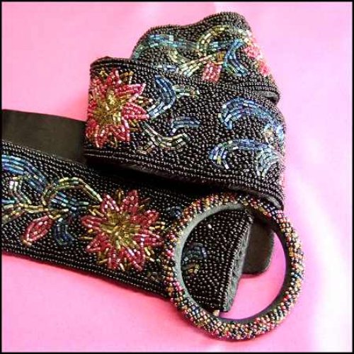 1980s Vintage Flower Belt Hand Made Colorful Glass Beads