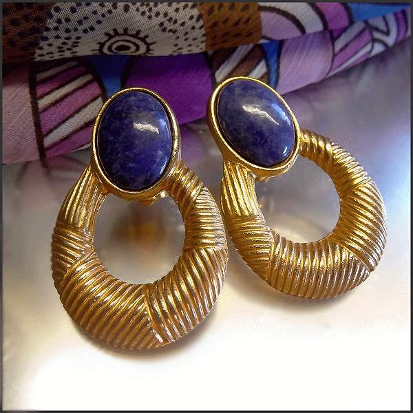 Elegant Lapis Lazuli Gemstone Gold Hoop 1980s Vintage Earrings