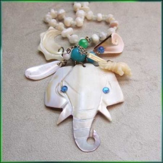 1960s Vintage Elephant Necklace Big MOP Sea Shell Pendant 