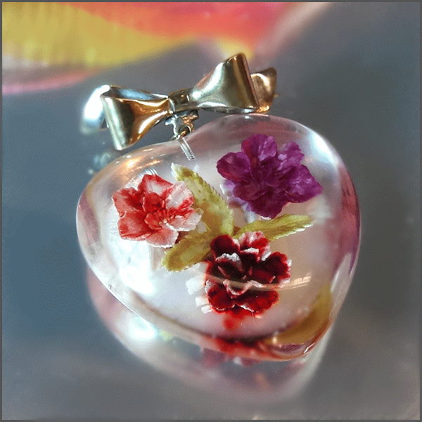 1950s Reverse Carved Lucite Flower Heart Pin or Pendant