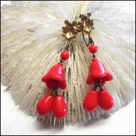 1940s Vintage Earrings Czech Red Glass Bell Flower Dangles