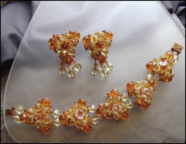 1950s Designer Citrine Crystal Bubbles Vintage Bracelet w Earrings Set