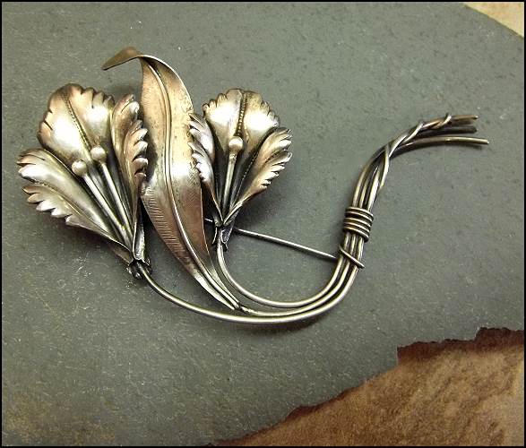 1940s Art Nouveau Big Sterling Silver Flower Vintage Brooch