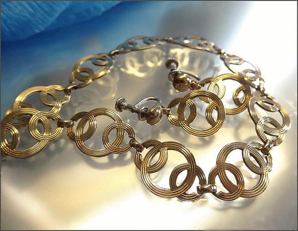 1940s Art Deco Signed Symmetallic 14kt Gold Sterling Necklace w Earrings Set 