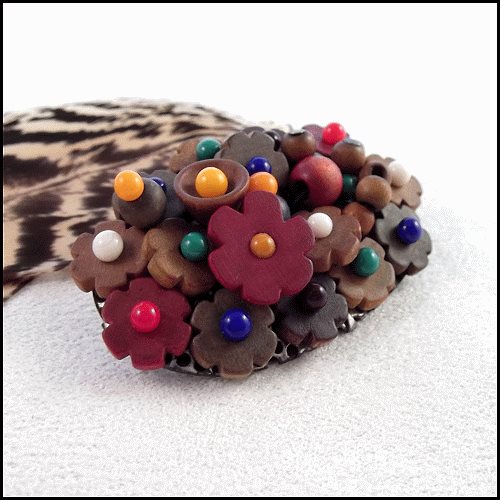 1930s Antique Flower Brooch Handmade Wood Beads Signed Czechoslovakia 