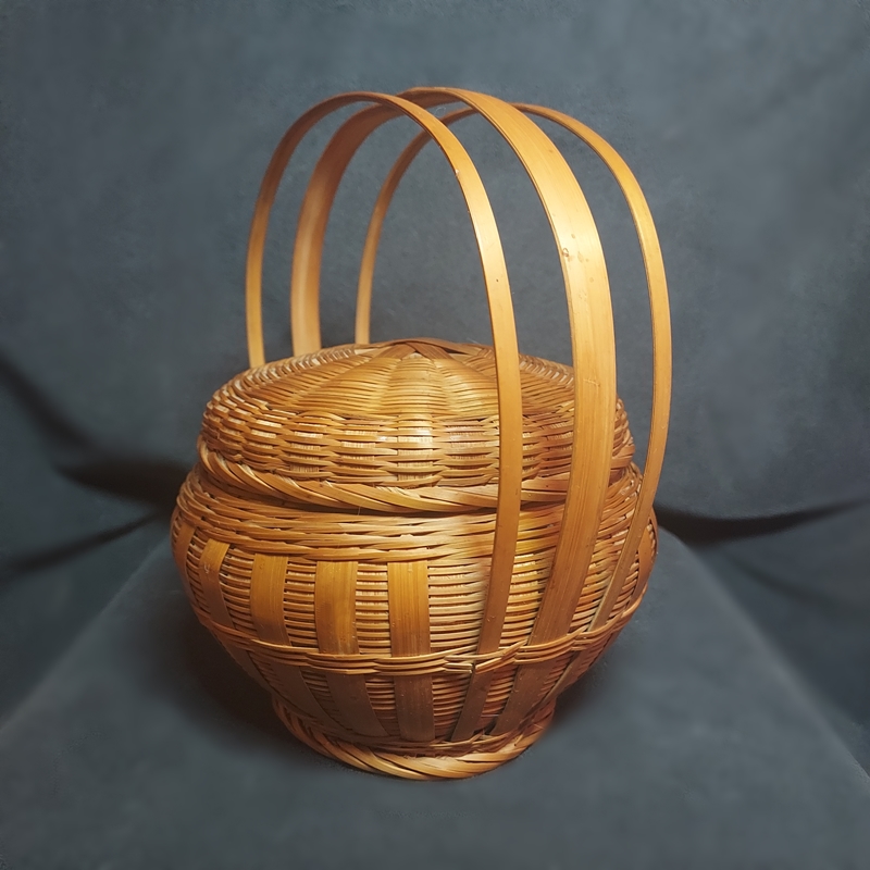 Bamboo Vintage Basket Mid 20th Century Triple Handle Squatty Round 