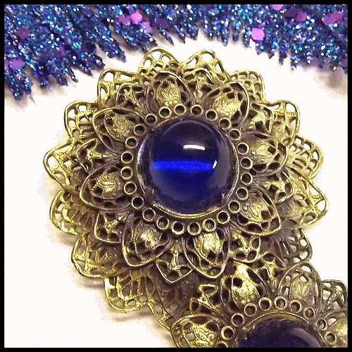 Antique Dress Clip European Large Gold Lace Flowers w Sapphire Blue Glass