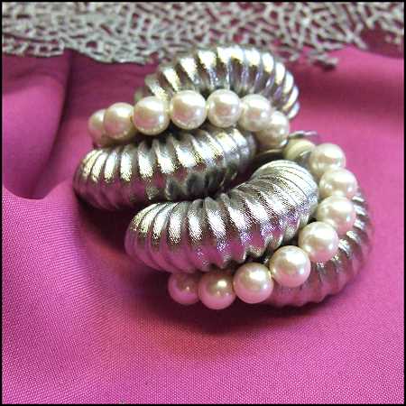 1950s Vintage Pearl Earrings Silver Ribbed Semi Hoop Clips