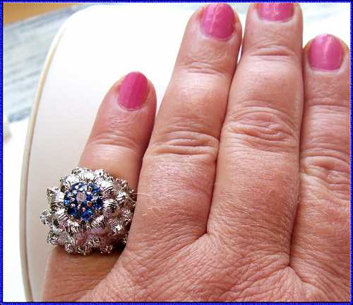 1960s Blue Rhinestone Vintage Ring Brushed Silver Flower