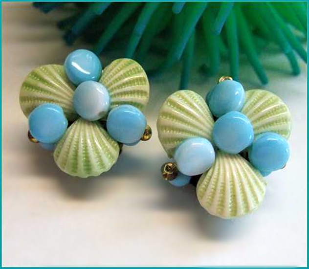 1940s Vintage Earrings Aqua Seashell Glass Signed West Germany