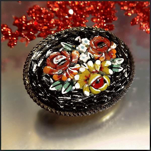 1930s Antique Italian Brooch Black Caned Glass Mosiac Flowers Pin