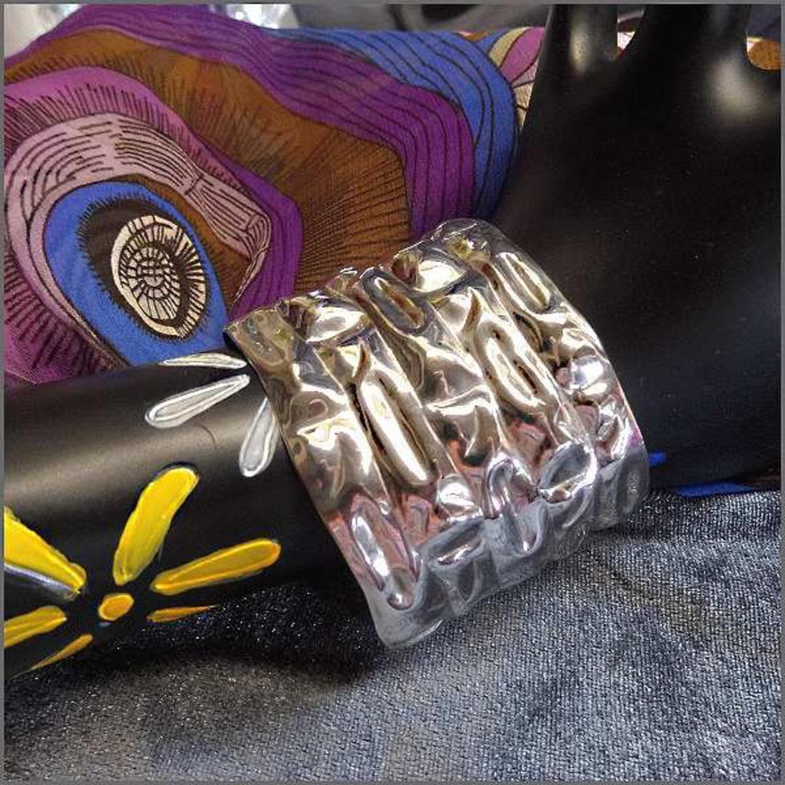 1980s Sterling Silver Crinkle Mosaic Wide Vintage Cuff Bracelet