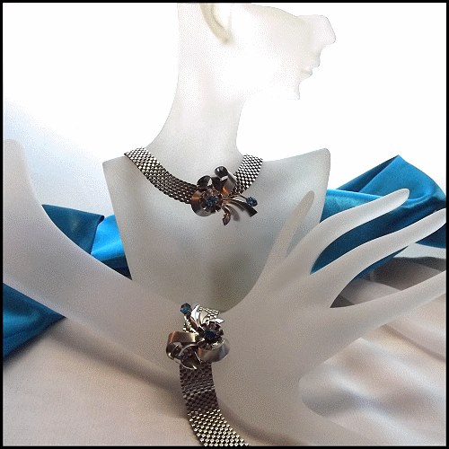 Art Deco Signed Louis Stern Silver Gold Aquamarine Necklace Bracelet Set