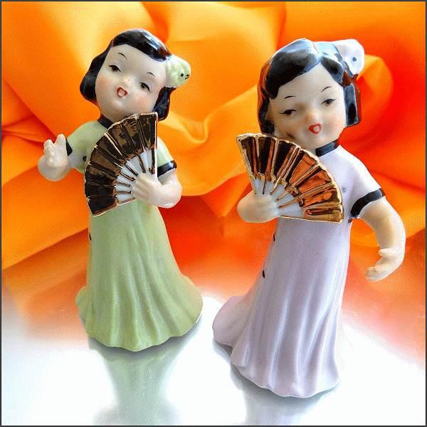 1950s Vintage 24kt Gold Oriental Figurines Singing Geisha Girls Pair