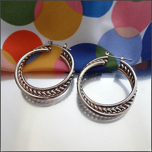 1970s Vintage Pierced Earrings Big Silver Chrome Rope Hoops