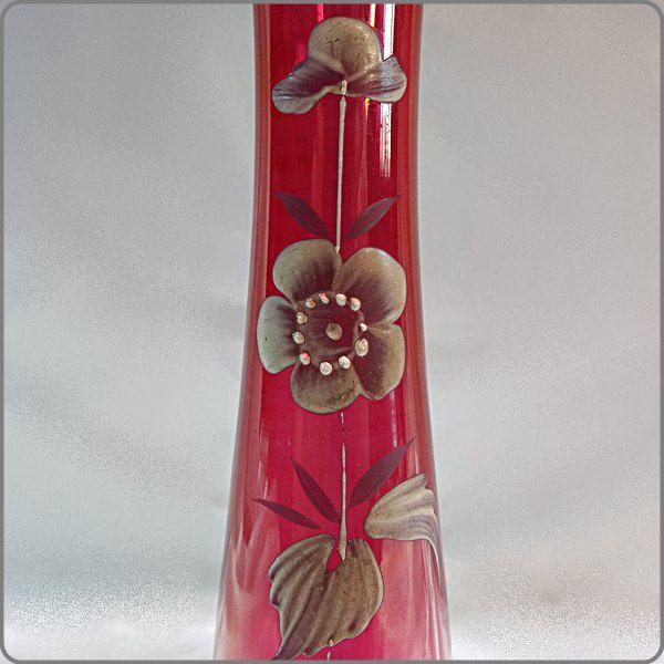 1920s Antique Bristol Glass Hand Painted Cranberry Bud Vase
