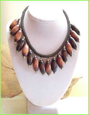 1980s Vintage Wood Bead Necklace Unique Carved Beads Costa Rica