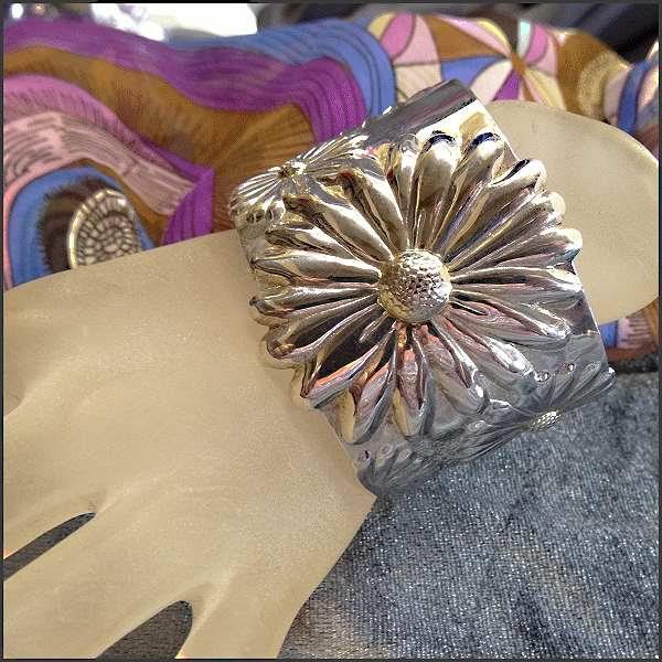 1980s Signed 925 Sterling Sunflower Wide Vintage Cuff Bracelet