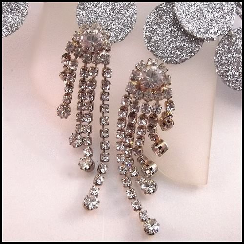 1950s Vintage Chandelier Pierced Earrings Midi Rhinestone Waterfalls
