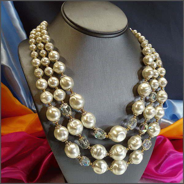 1950s Triple Strand Baroque Pearl Austrian Crystal Vintage Necklace - SOLD