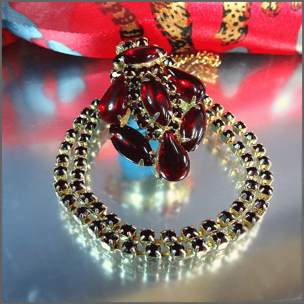 1950s Ruby Red Bohemian Glass Vintage Lavalier Necklace