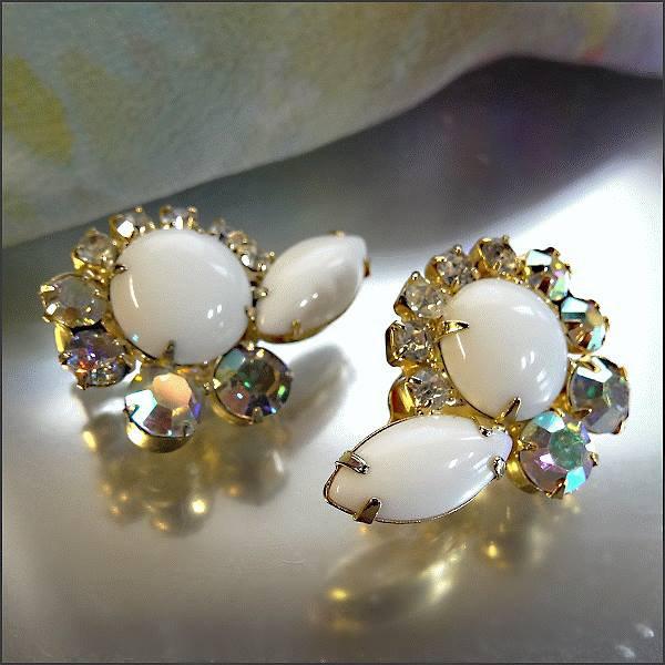 1950s Juliana Vintage Clip Earrings Milk Glass w Pastel AB Rhinestones