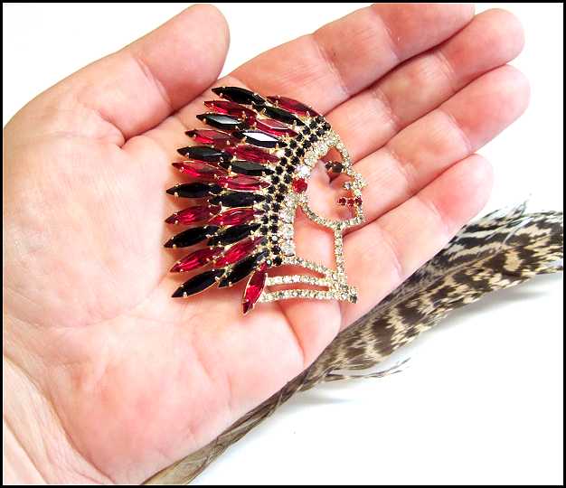 Signed Dominique Big Indian Chief Vintage Crystal Brooch