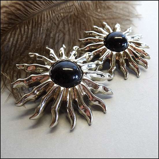 1970s Big Silver Sun Retro Vintage Pierced Earrings