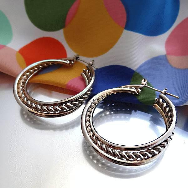 1970s Vintage Pierced Earrings Big Silver Chrome Rope Hoops 